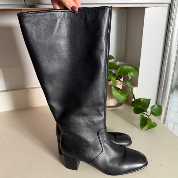Vince Black Leather Wide Calf Heeled Knee-High Boots - Picture 2 of 9